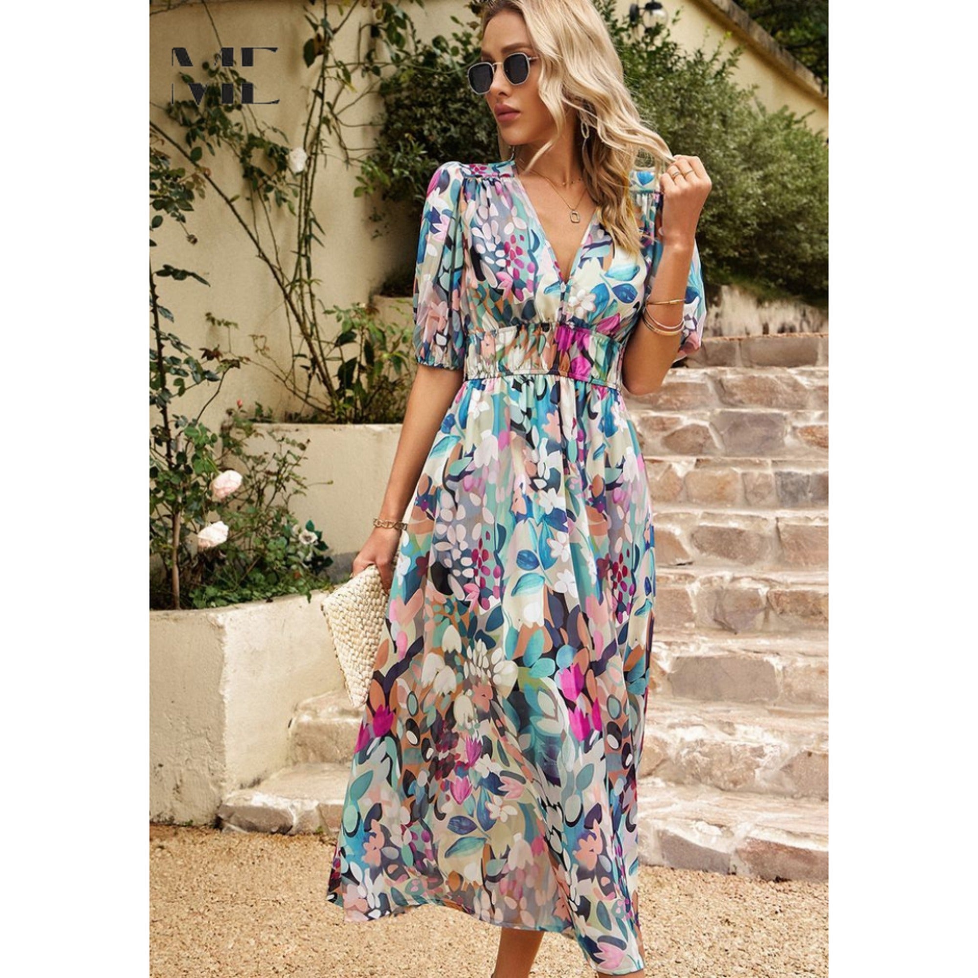 Nadia | Women's V-Neck Floral A-Line Midi Dress - Floral