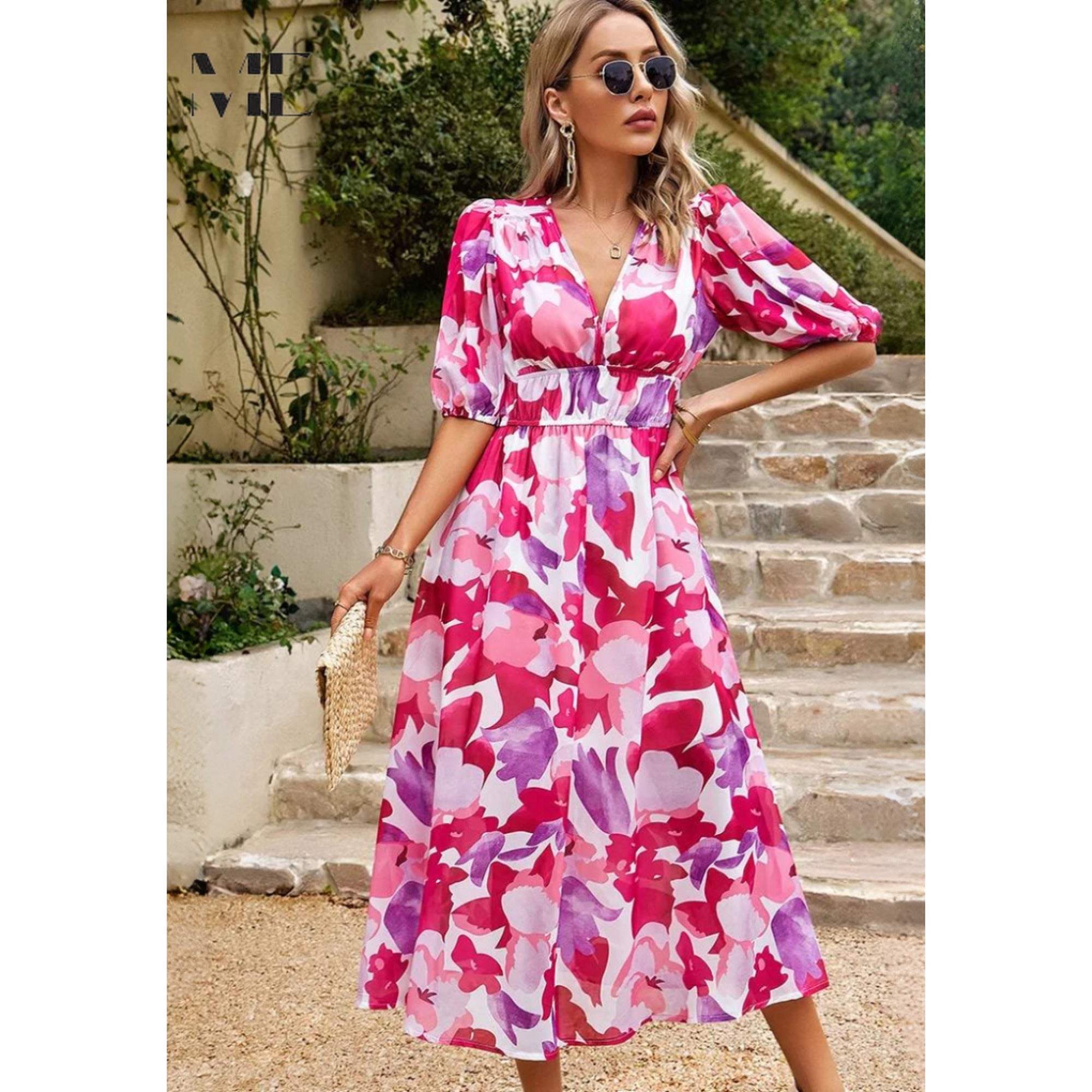 Nadia | Women's V-Neck Floral A-Line Midi Dress - Pink