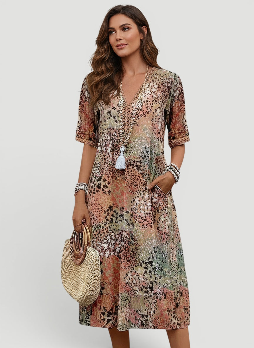 Ellmont London | Women’s Relaxed Fit V-Neck Summer Lightweight Casual Midi Dress