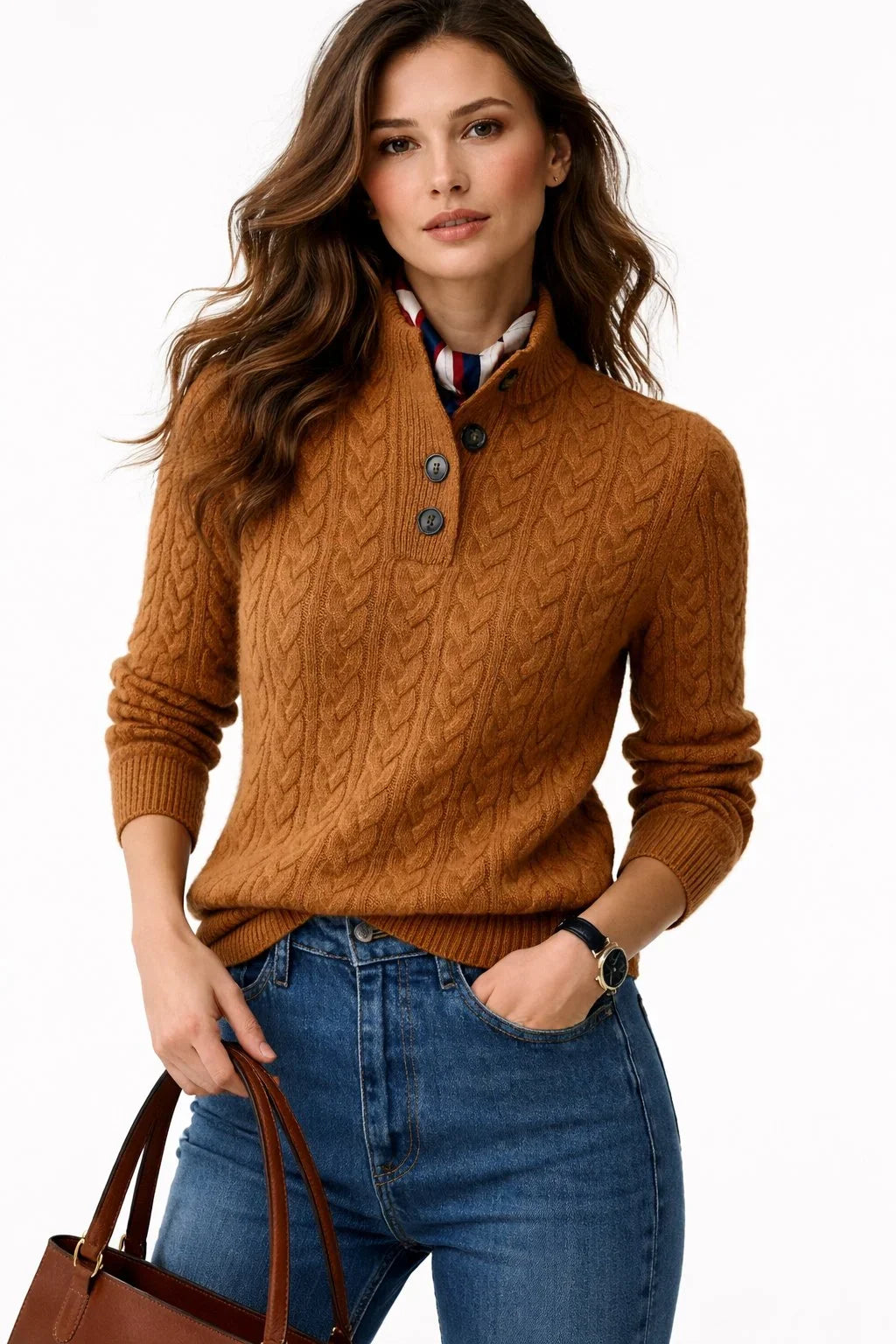 Women's Cable Knit Wool Blend Jumper with Button Neck