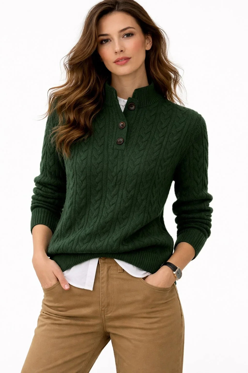 Women's Cable Knit Wool Blend Jumper with Button Neck