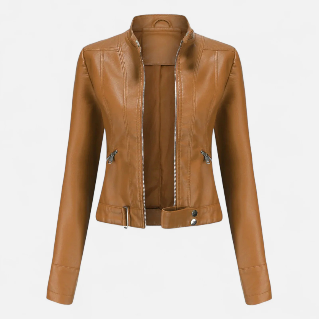Women's Cropped Leather Jacket – Belted High Collar