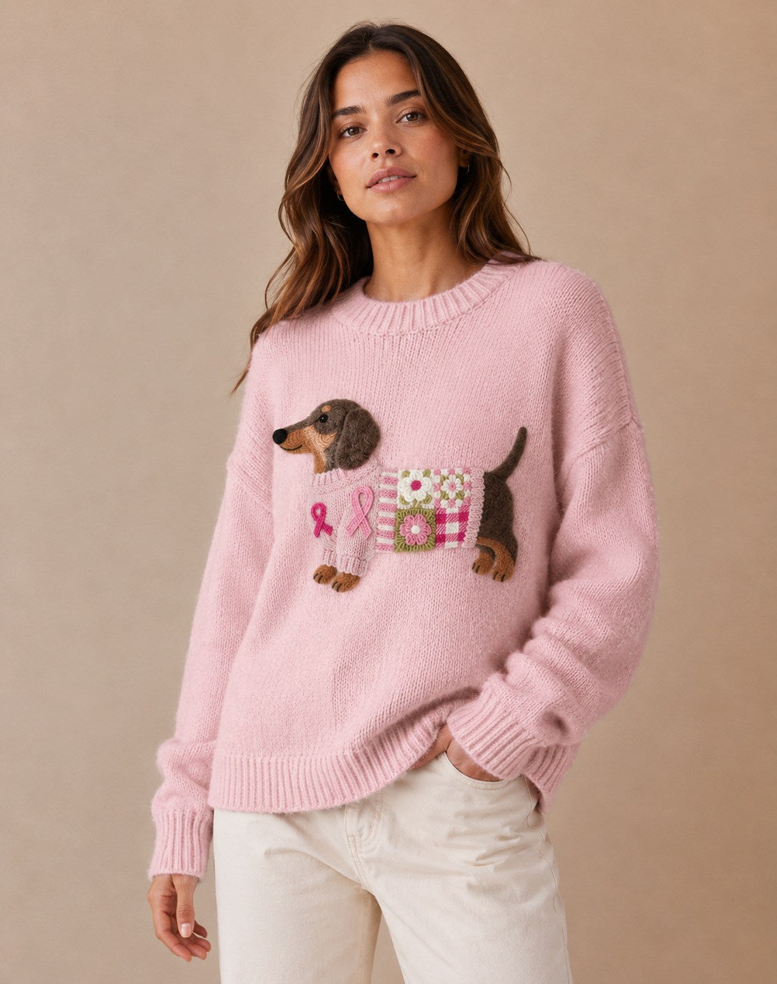 Willow | Women's Dachshund Motif Patchwork Knit Sweater