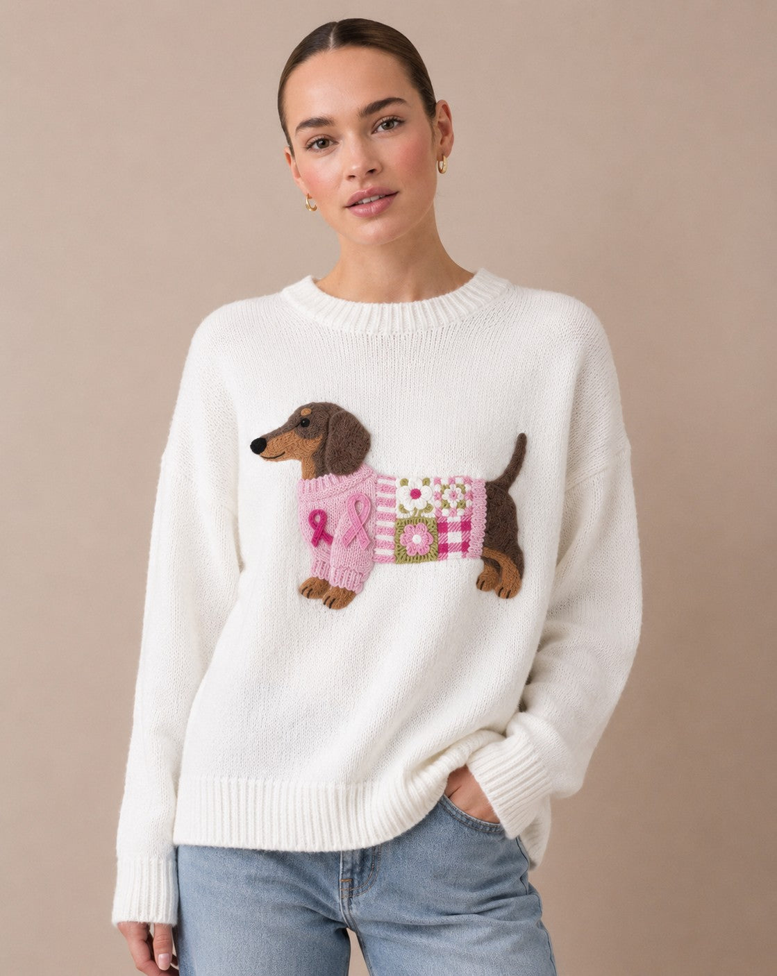 Willow | Women's Dachshund Motif Patchwork Knit Sweater